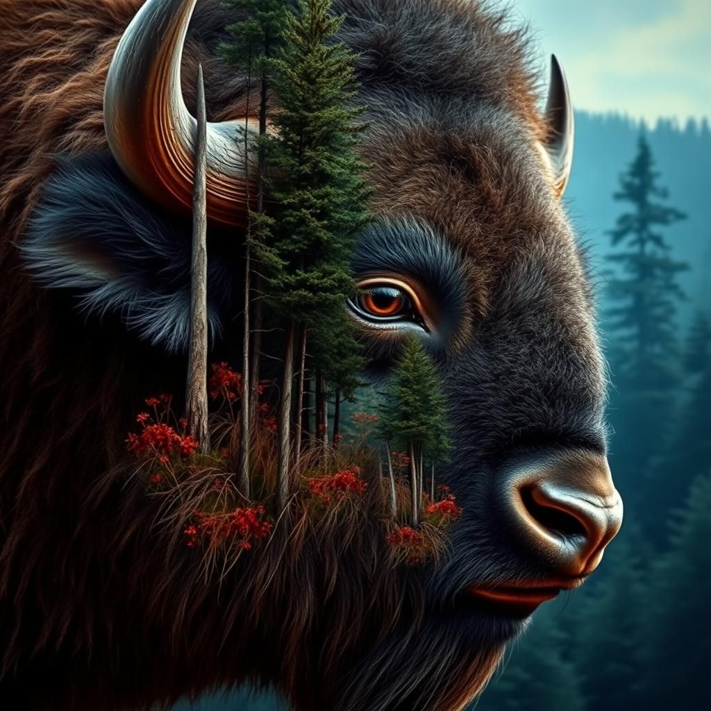 Surreal Bison Forest Portrait in Max Ernst Style