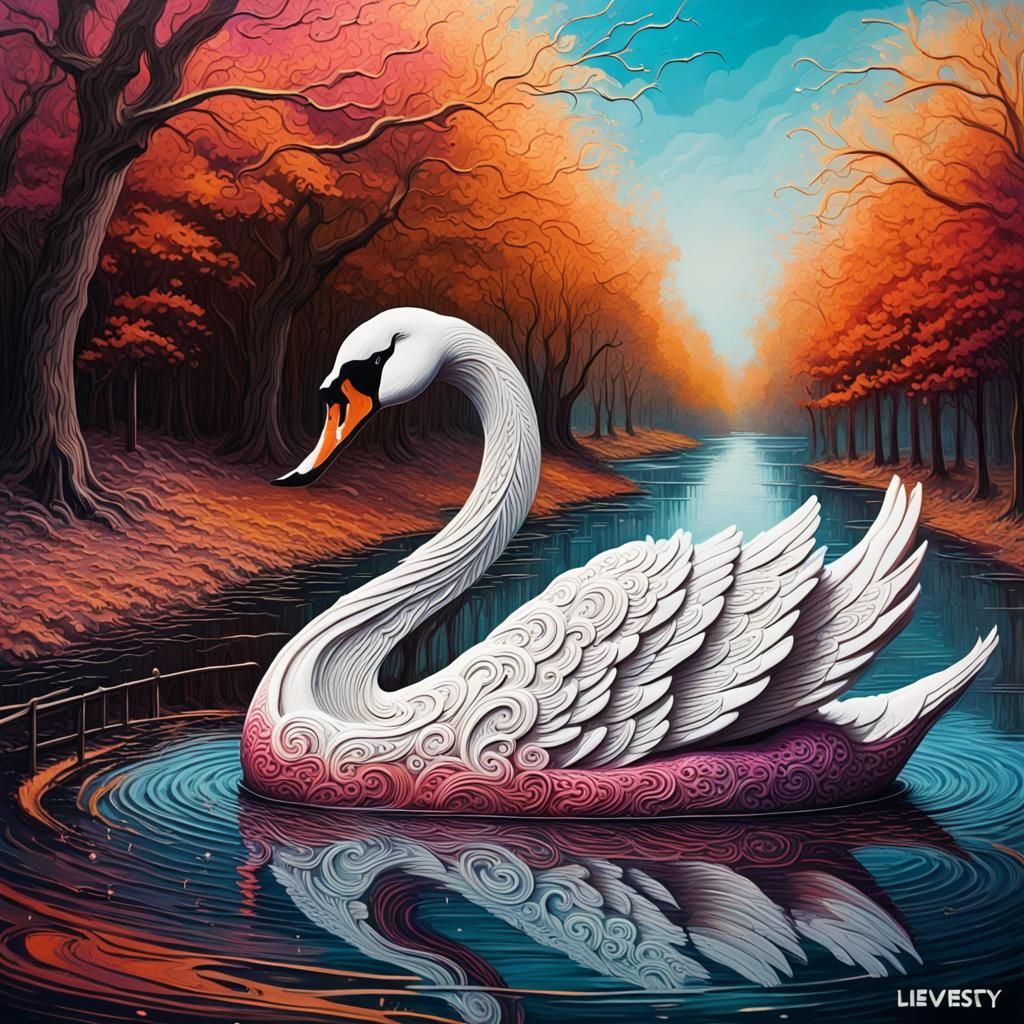 Lace Swan on Chantilly River: Graffiti Art Style