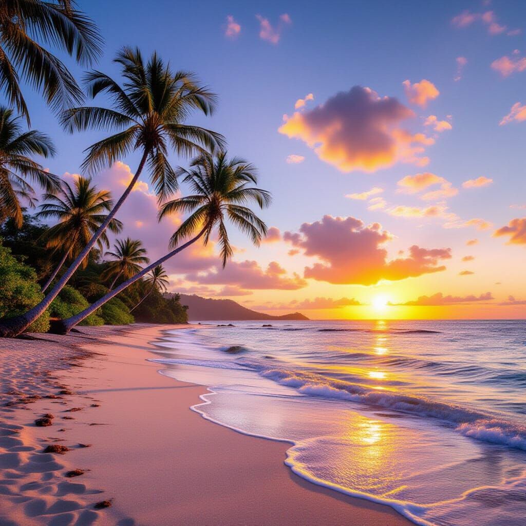 Serene Tropical Beach Sunset with Swaying Palm Trees