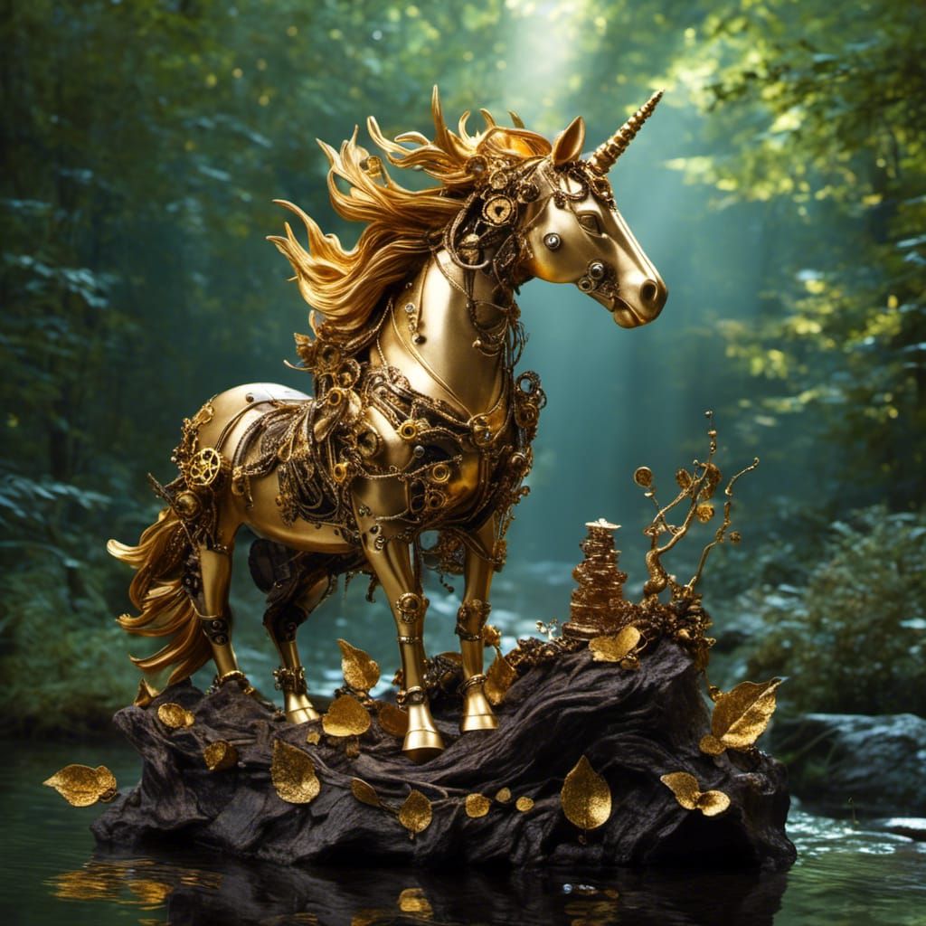 Gold Steampunk Unicorn in Dreamy Forest