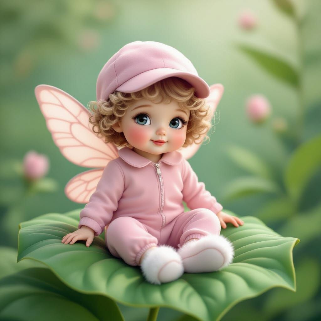 Pastel Fairy Baby on Leaf in 3D Pointillism