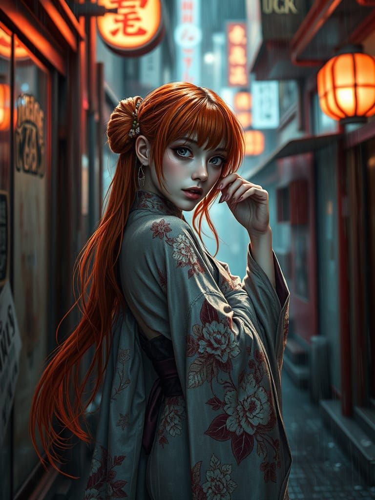 Sensual Fantasy Fairy in Neon Tokyo Alleyway