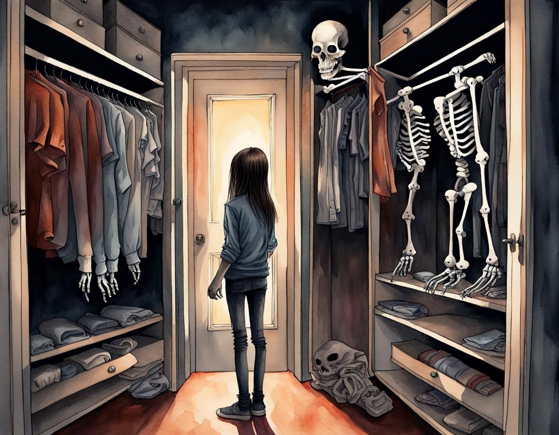 Sinister Skeleton Appears in Closet: Watercolor Horror