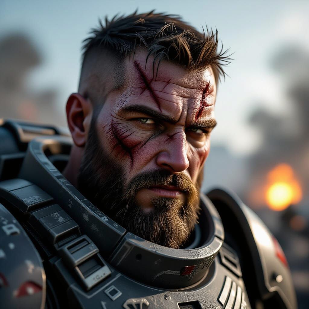 Gritty Sci-Fi Space Marine Portrait on Battlefield