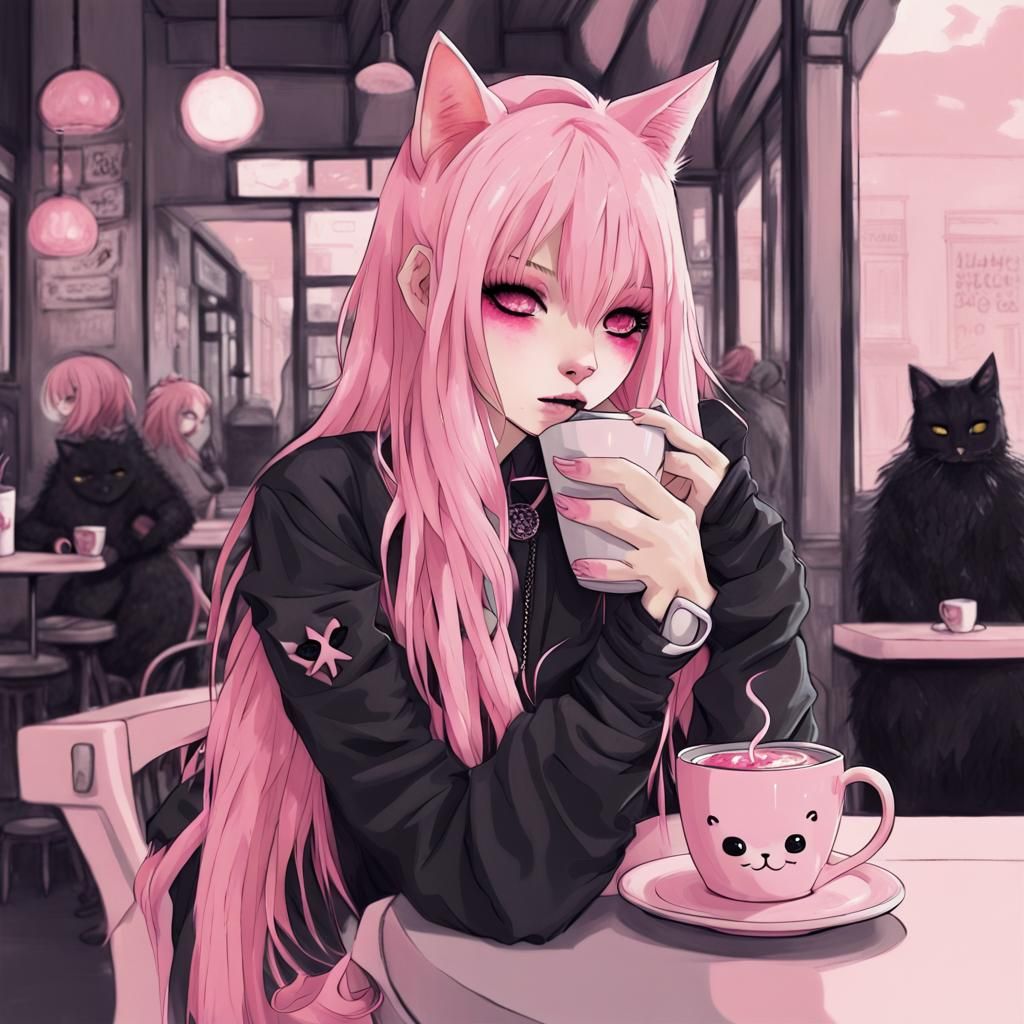 Pastel Gothcore Cat-Girl at Cafe Drinking Coffee