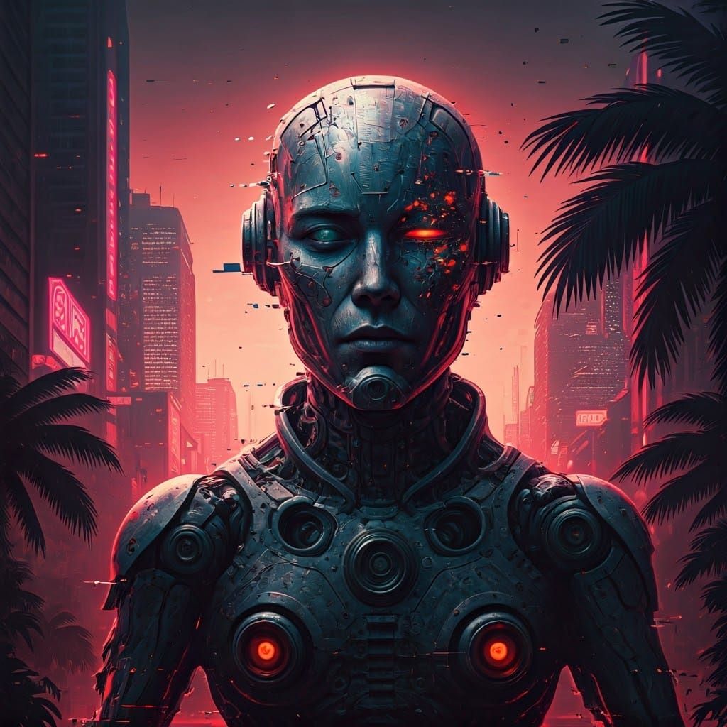 Futuristic Cyborg in Cyberpunk City Glitch