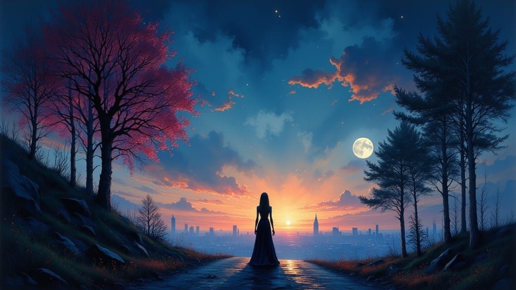 Woman at Crossroads: City vs. Forest Twilight