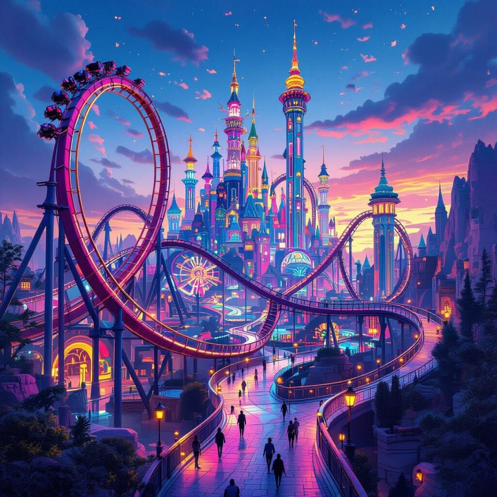 Vibrant Theme Park with Illusions and Neon Lights