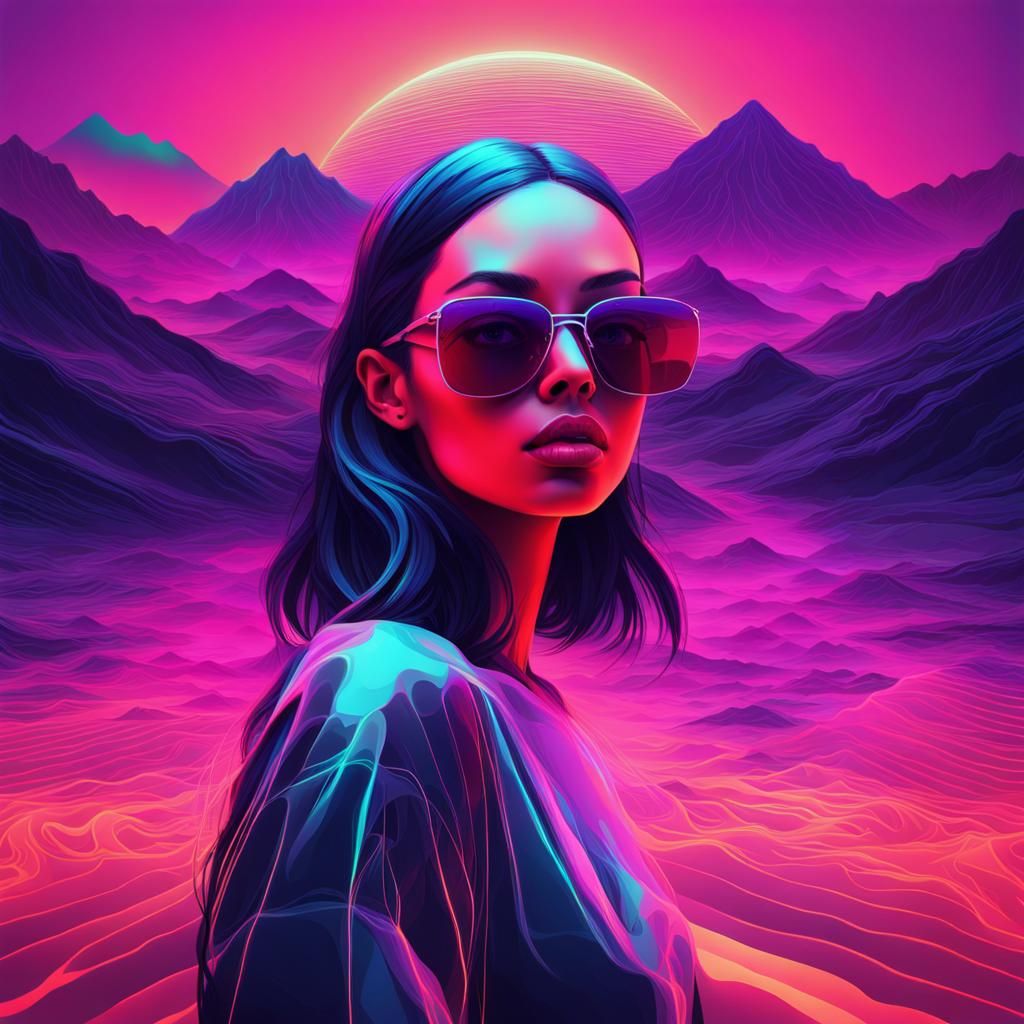 Vaporwave Girl in Dreamy Neon Landscape