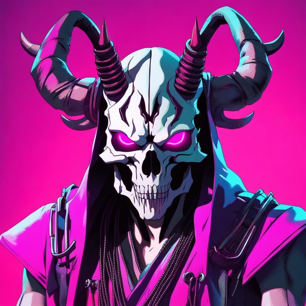 Synthwave Wolf Skull with Horns and Metal Arms