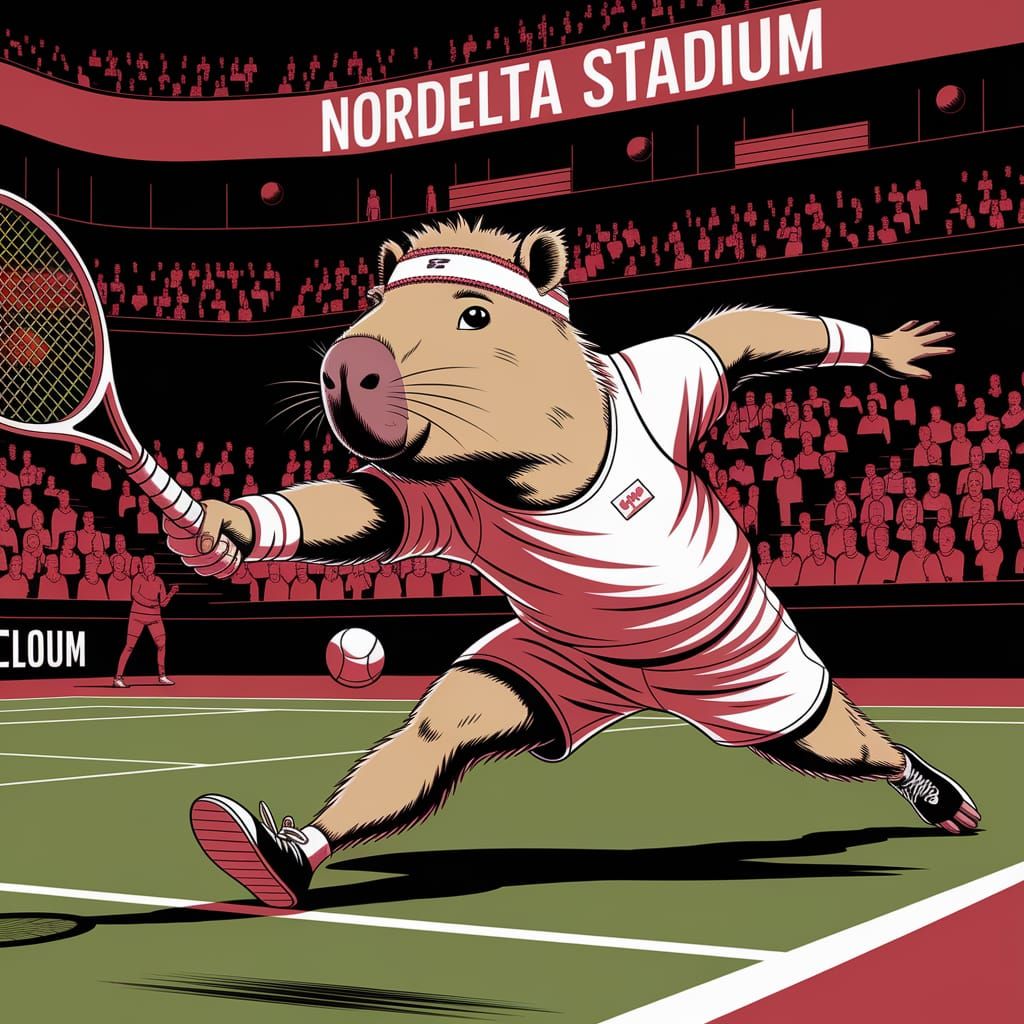 Capybara Tennis Star at Stadium, Energetic Illustration