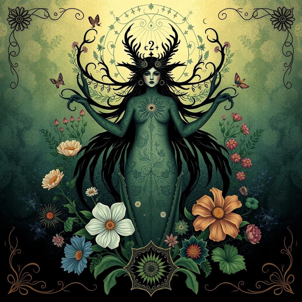 Mystical Triple Form Hecate in Whimsical Botanicals