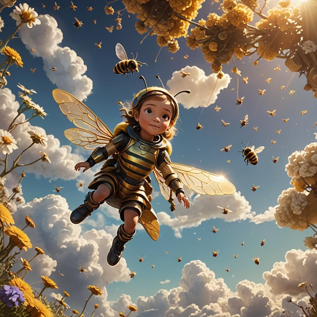 Child Rides Bee in Sky: Fantasy Concept Art