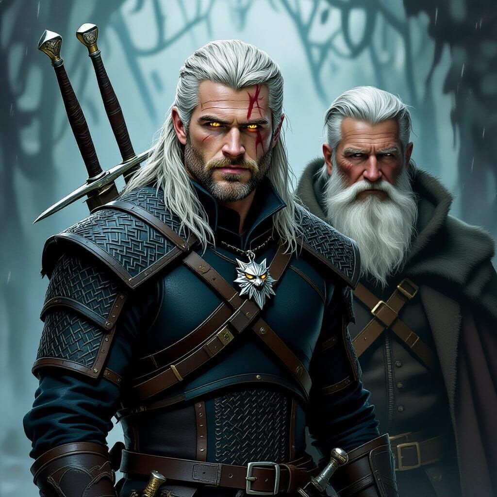 Geralt and Vesemir in Mystical Forest Art