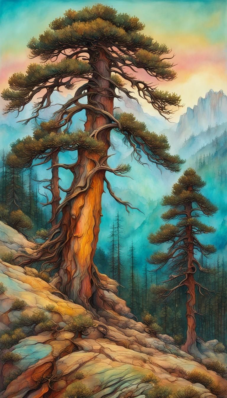 Bristlecone Pine Forest: Alcohol Ink Landscape at Sunset