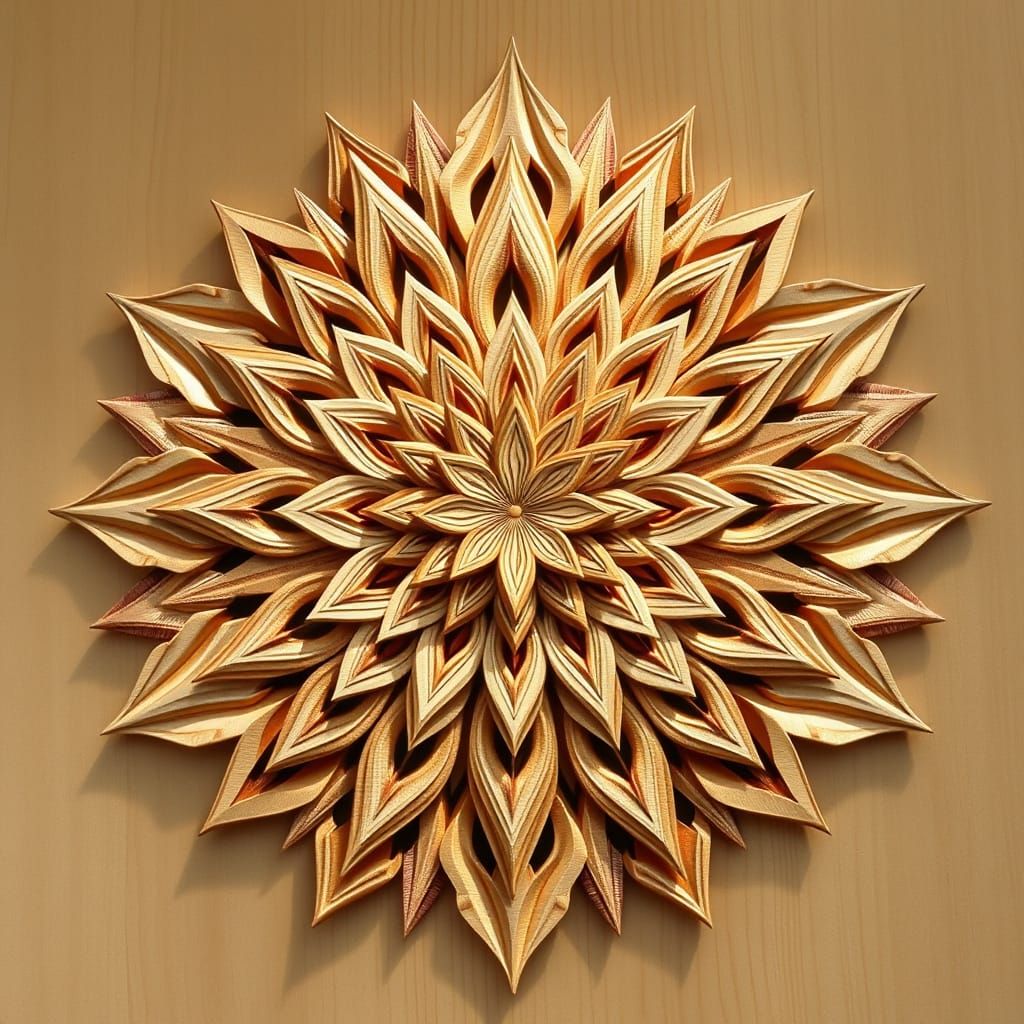 Detailed Wooden Mandala with Layered Petals in Abstract Styl...