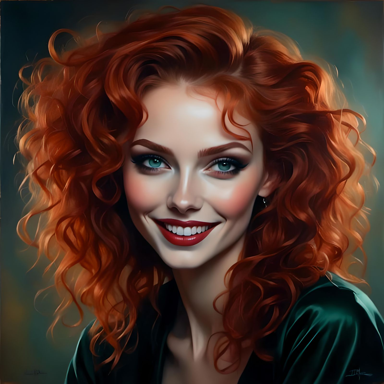 Red-Haired Woman with Green Eyes: Oil Painting