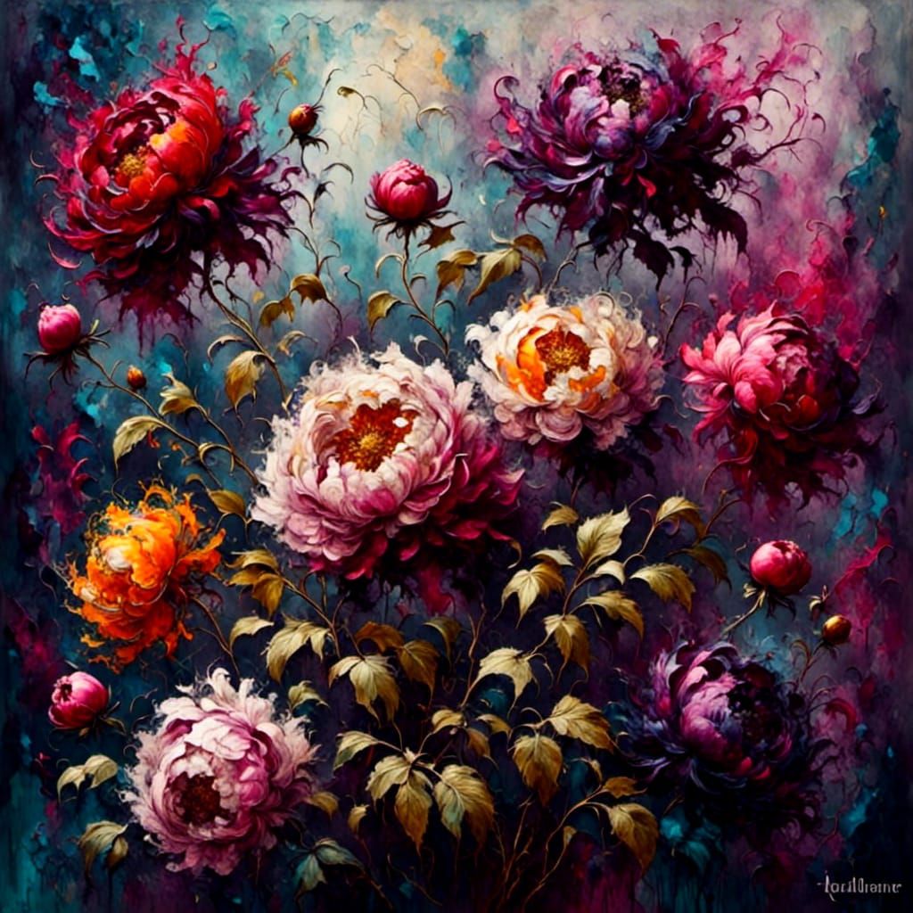 Whimsical Peonies in Full Bloom as Impasto Painting