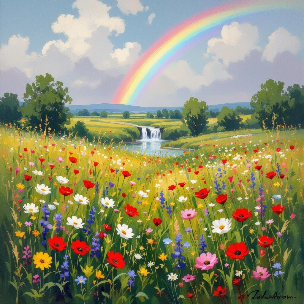 Lush Meadow with Rainbow Waterfall in Impressionist Style