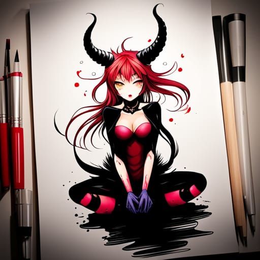Anime Demon Girl Ink Splatter Art