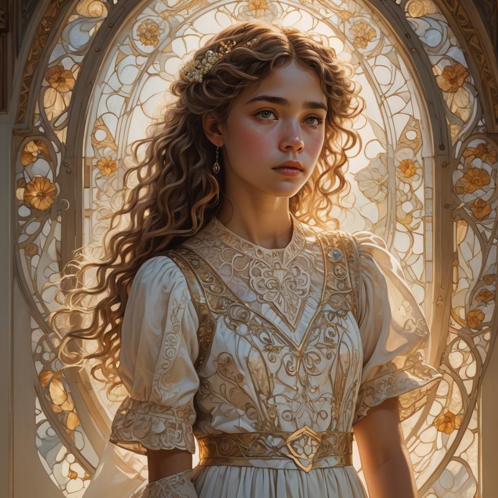 Girl in Ornate Window, Art Nouveau Portrait