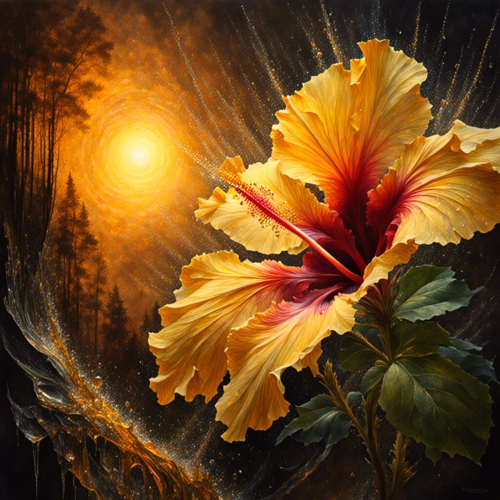 Crystal Hibiscus Flower in Forest, Fantasy Illustration