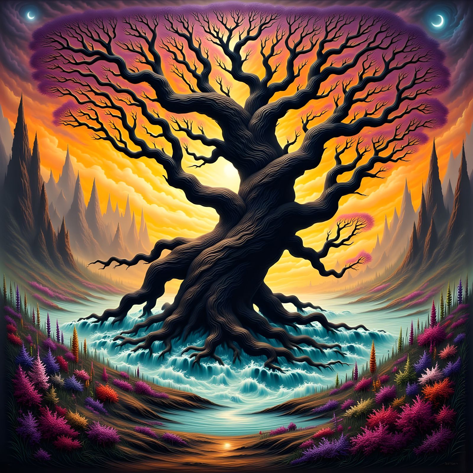 Surreal Twisted Tree in Vivid Dreamscape