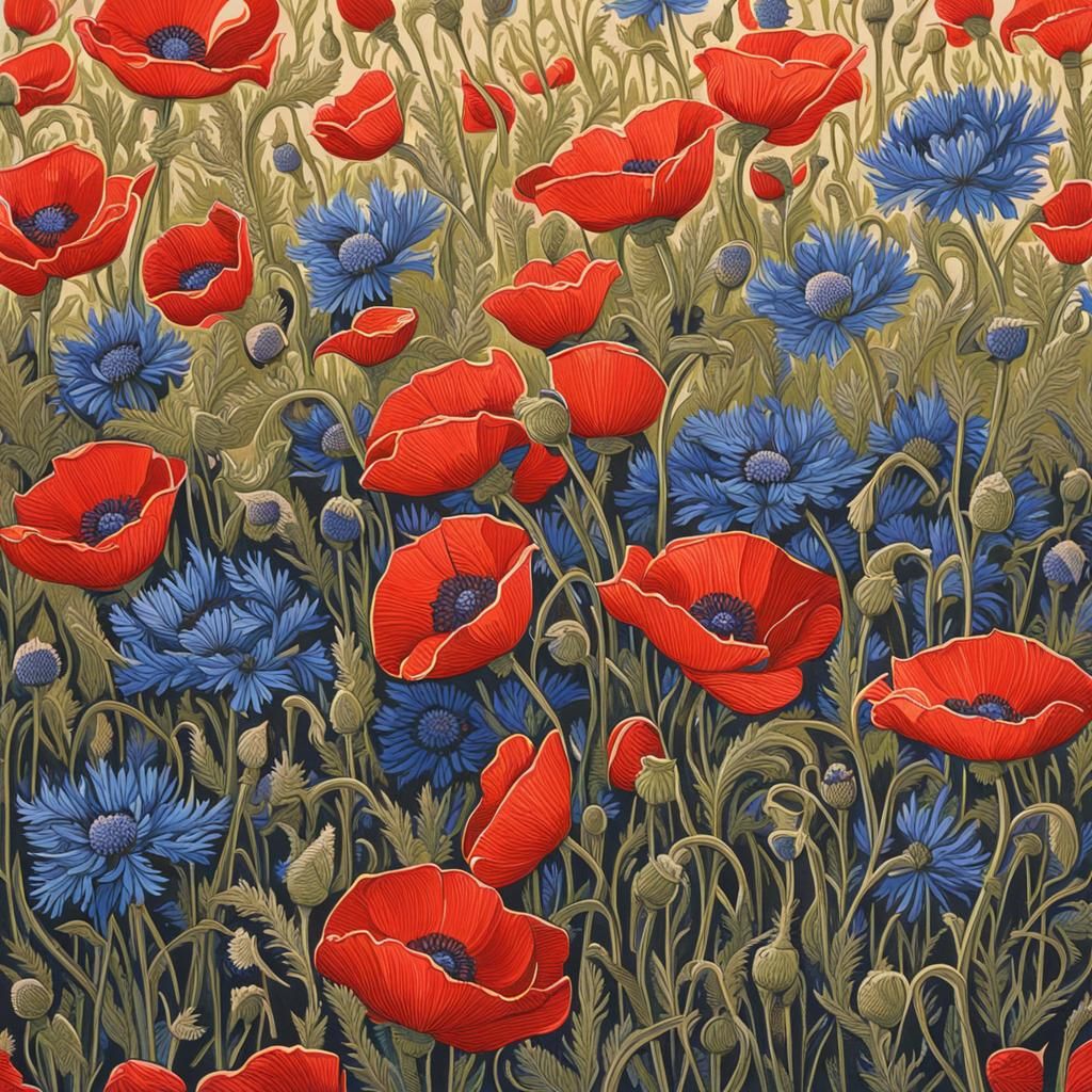 Poppies and Cornflowers Field as Linocut