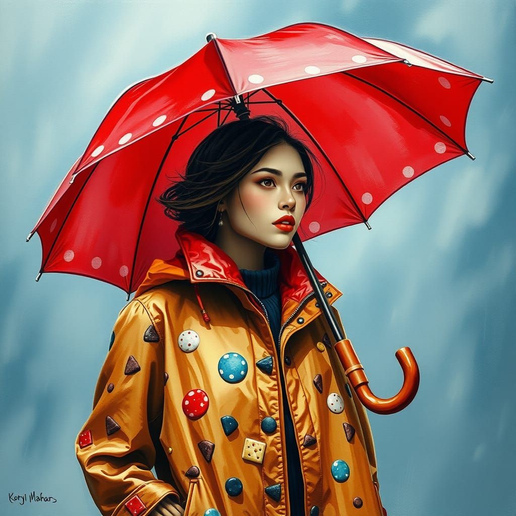 Model in Cookie Jacket with Red Umbrella as Gouache
