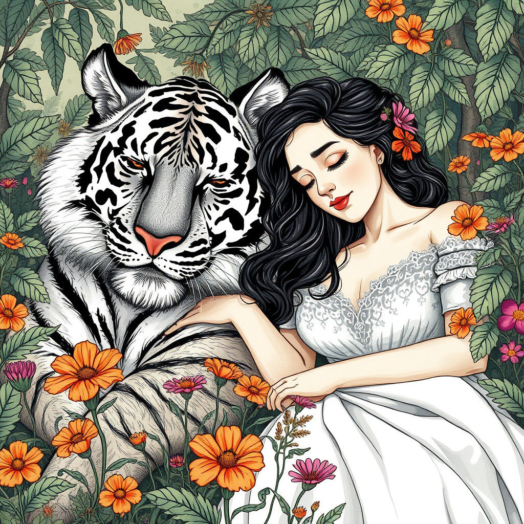 Dreamlike Forest Scene with Woman and Tiger