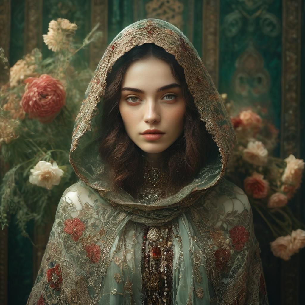 Ethereal Portrait of Woman with Ornate Hood