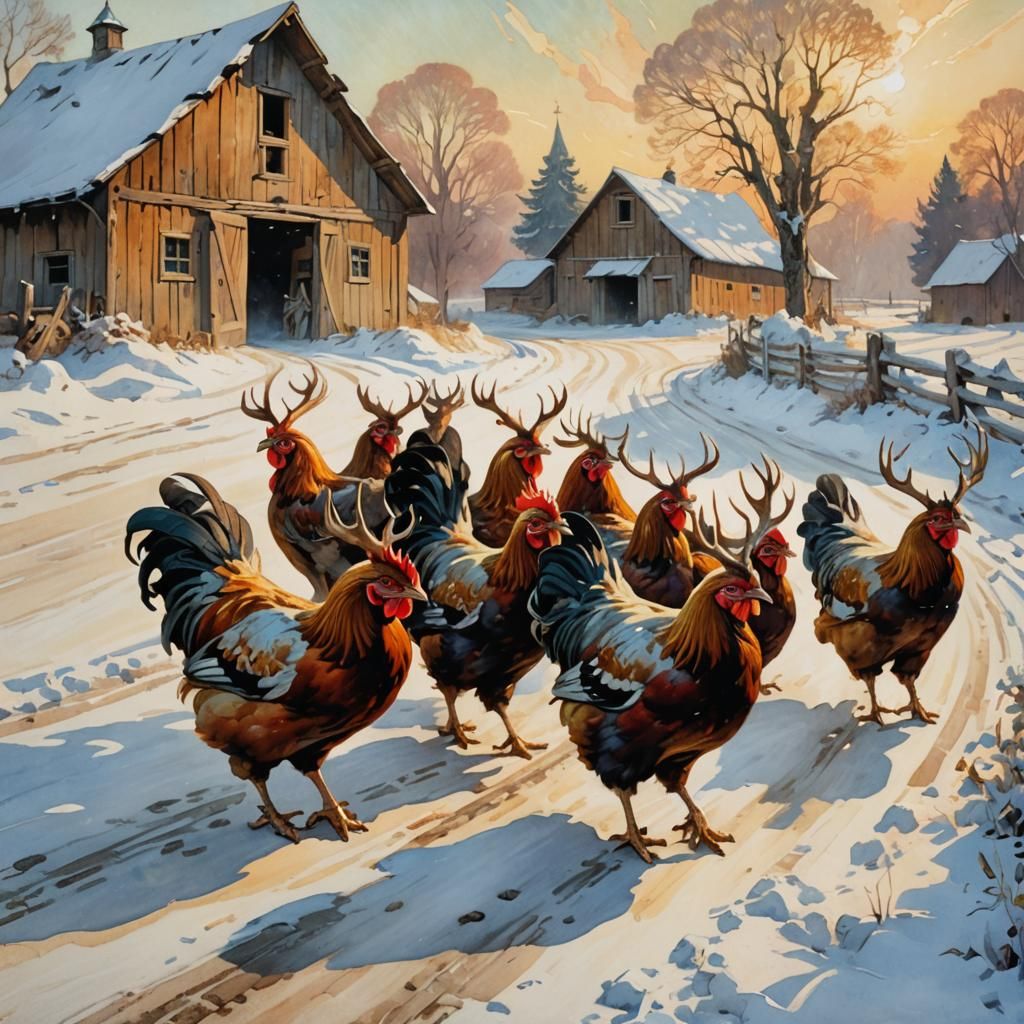 Chickens with Antlers in Art Nouveau Style