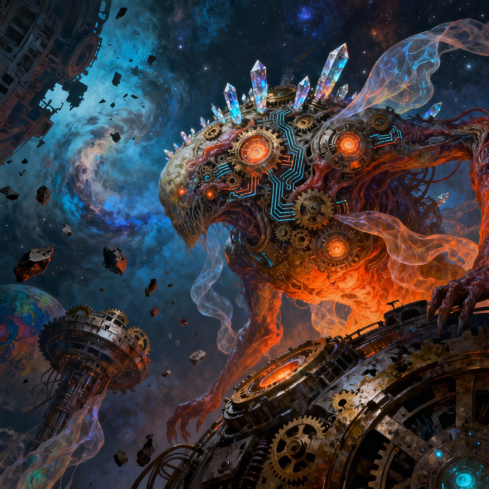 Detailed Sci-Fi Illustration with Cosmic Blues and Fiery Ora...
