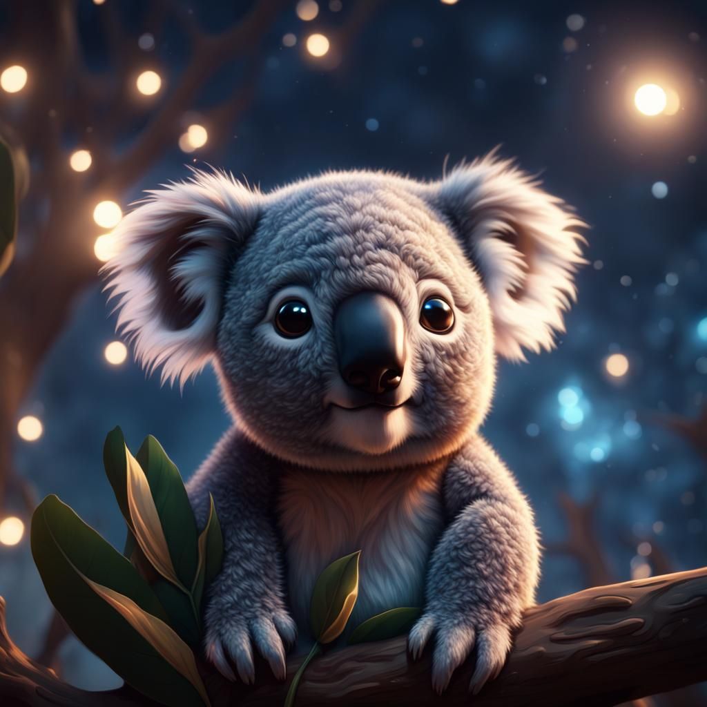 Cute Fluffy Koala Portrait at Night: Fantasy Art