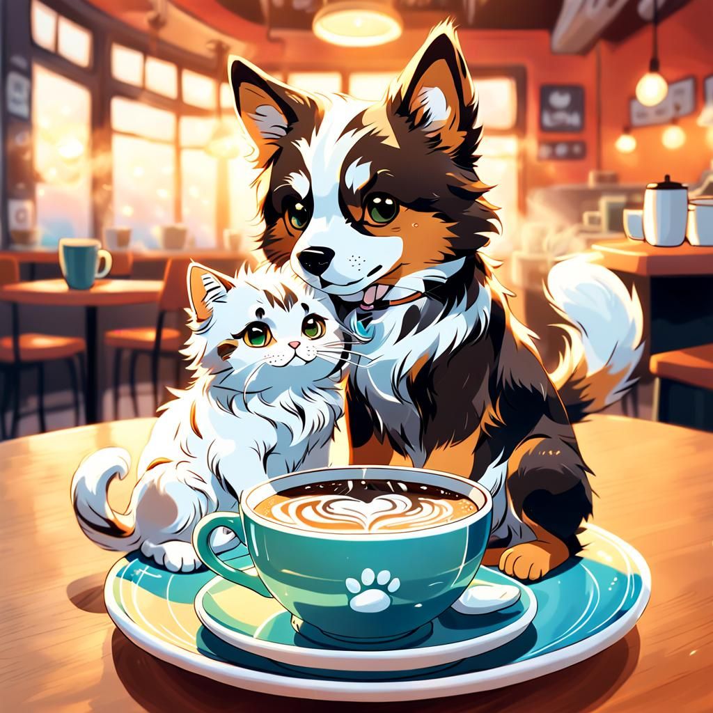 Playful Feline Canine Latte Art in Whimsical Anime Style