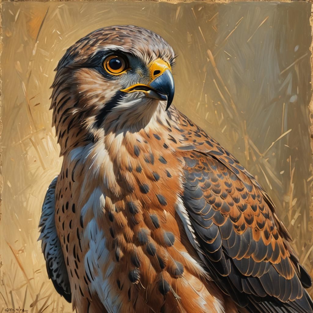 Kestrel Portrait with Mouse, Oil Painting