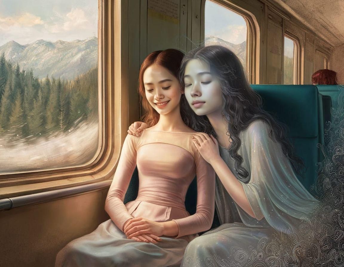 Vietnamese Woman and Ghost in Dreamy Train Scene