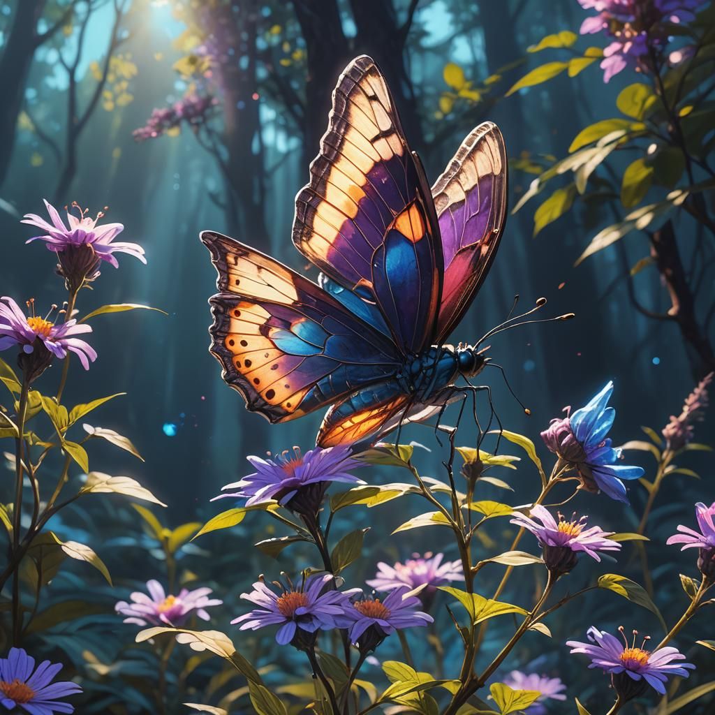 Glowing Butterfly on Purple Flower Concept Art