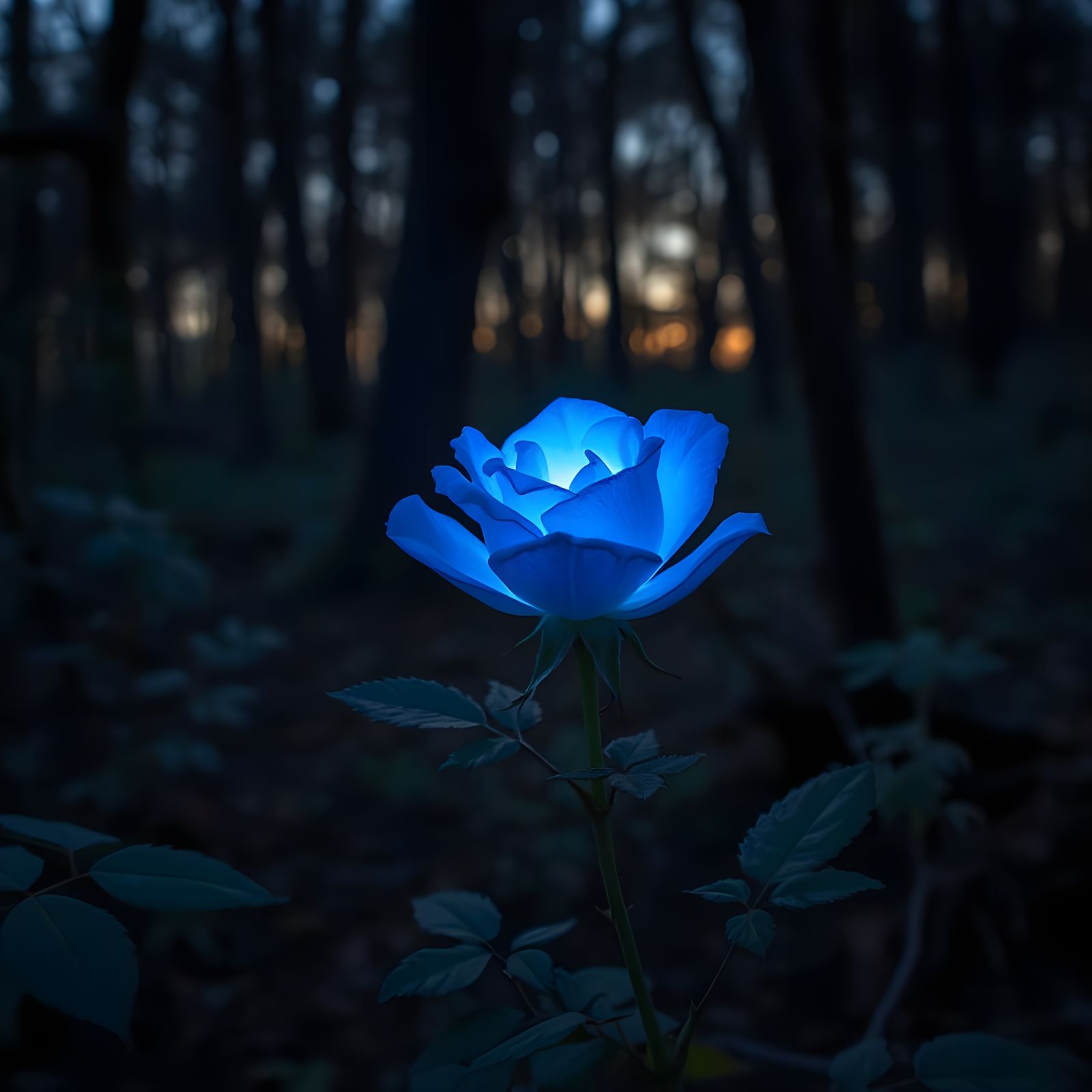 A glowing rare blue rose flower blooming in a dark forest, H...