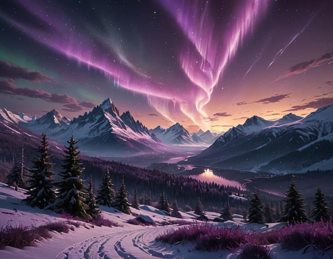 Purple Aurora Borealis Over Fantasy Landscape