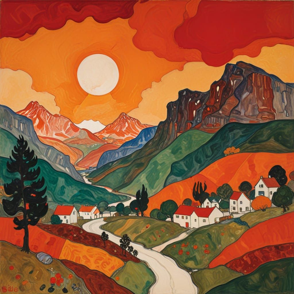 (landscape:1.5), Egon Schiele, red and tangerine, fine-tuned naïve art whimsical