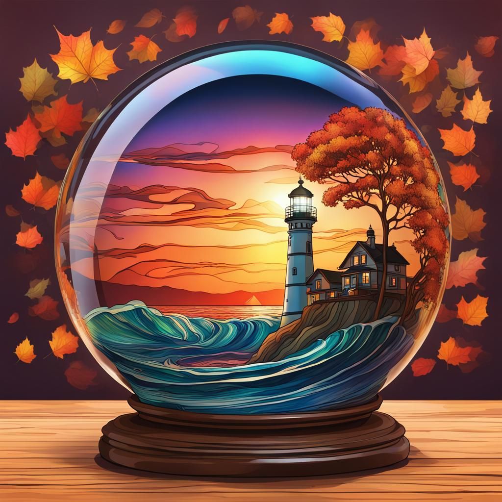 Autumn Sunset Lighthouse in Glass Orb, Ghibli Style