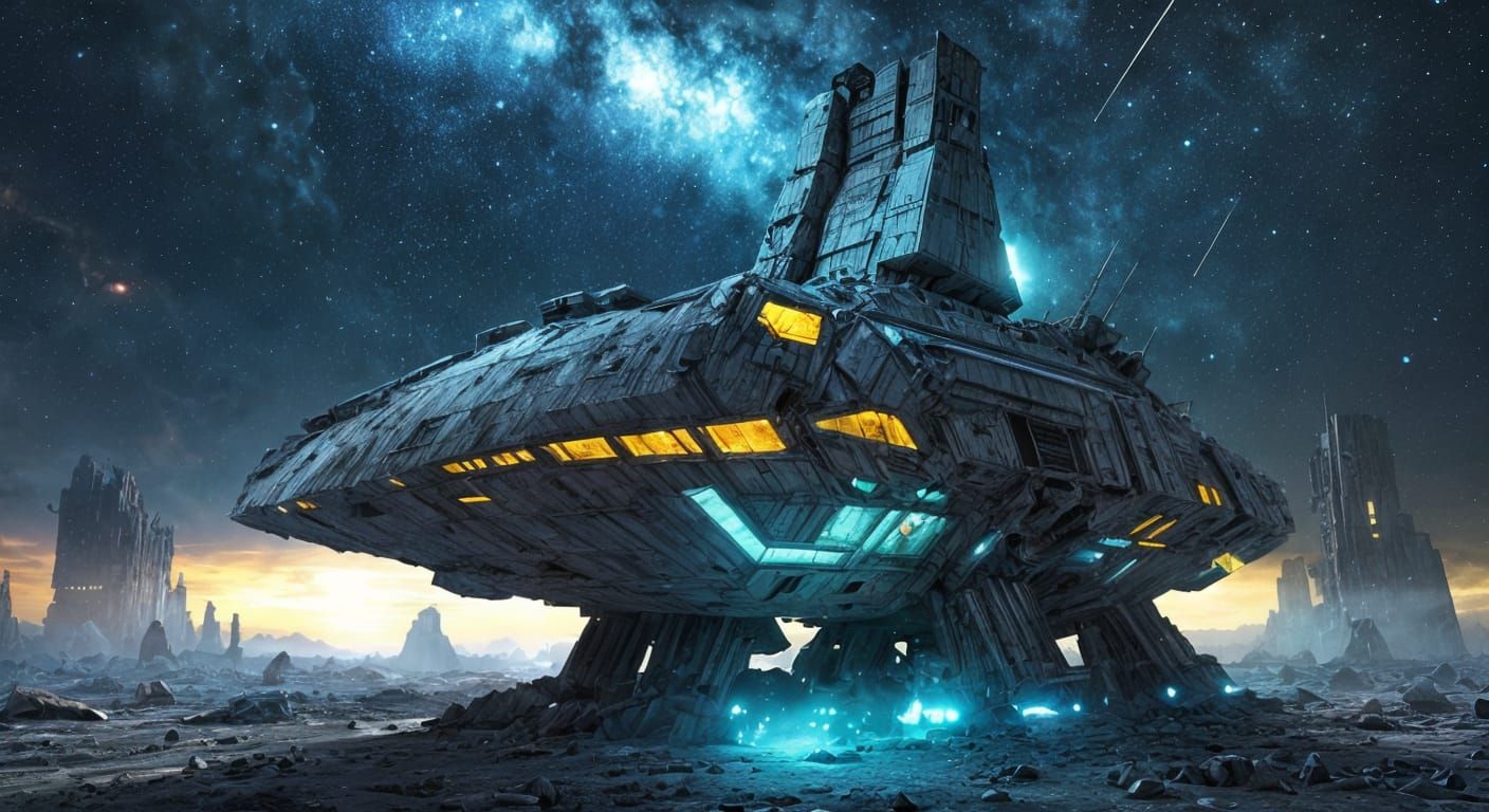 Wrecked Spaceship on Alien Planet at Twilight