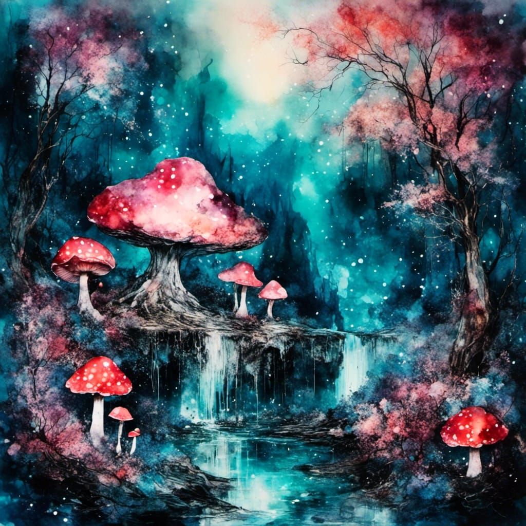 Lonely Mushroom House in Moonlight with Alcohol Ink