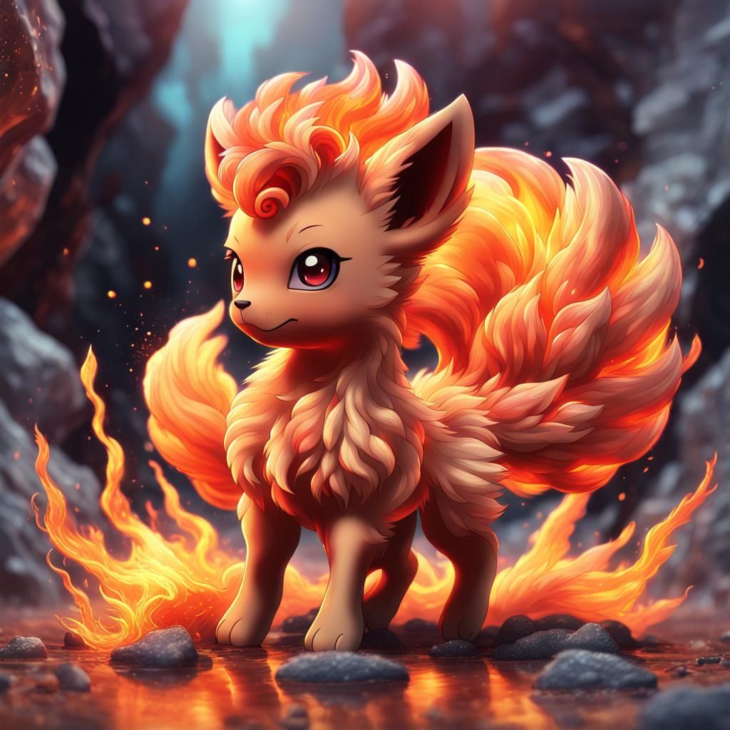 Hyperreal Vulpix with Dancing Embers in Anime Style