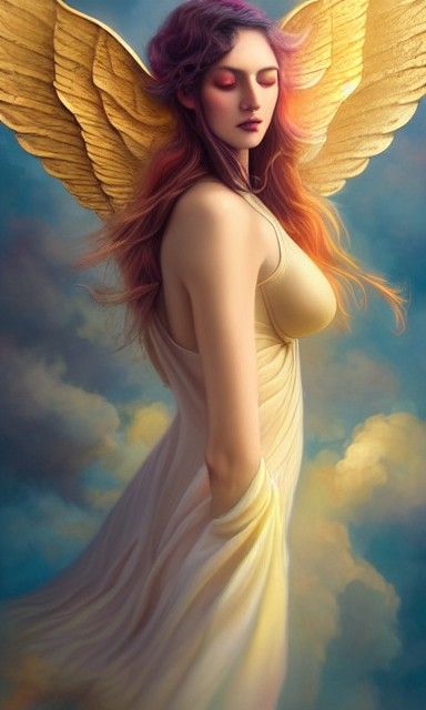 Concrete-Winged Angel in Heavenly Clouds: Matte Painting