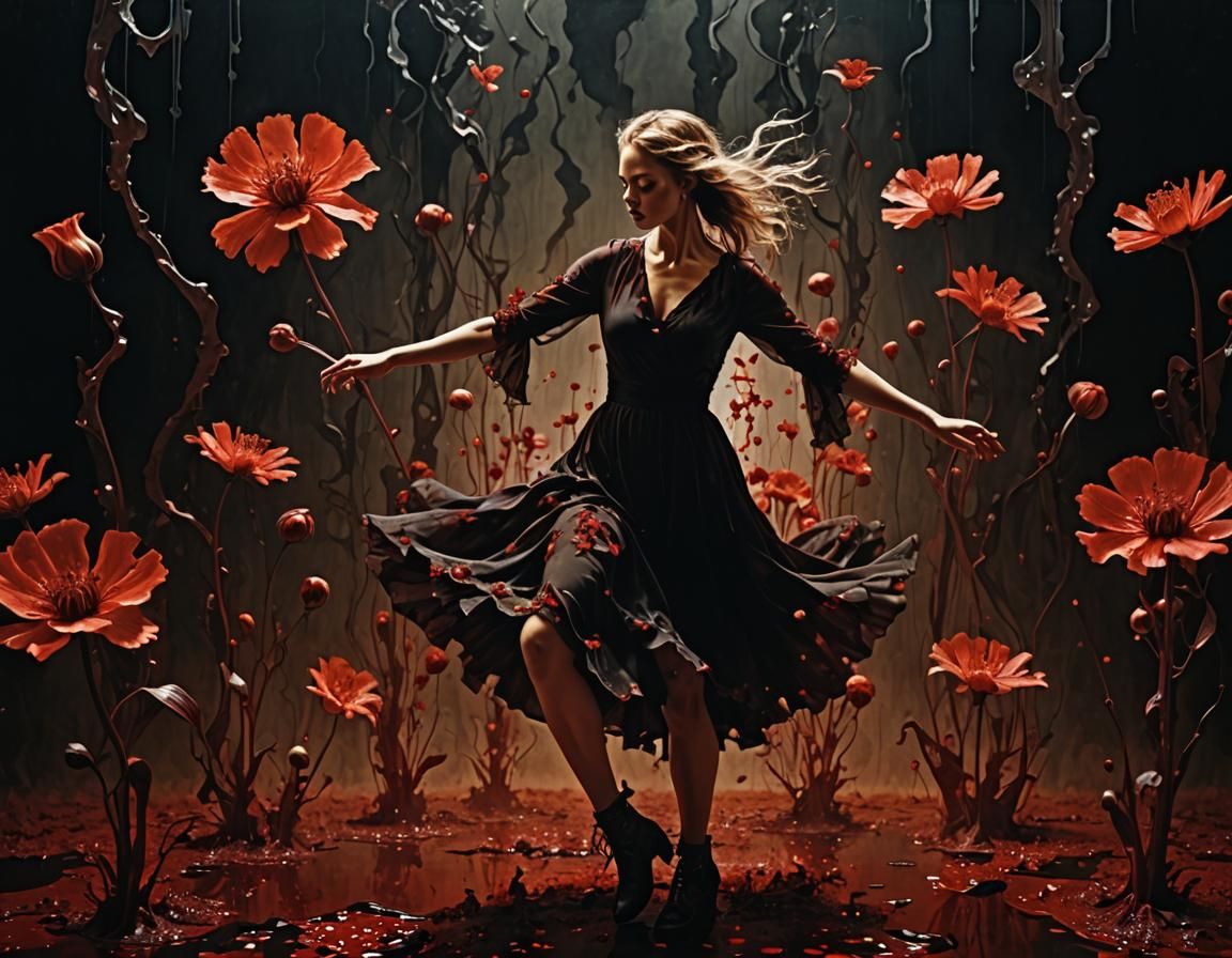 Ethereal Lady Dancing with Bloody Flowers in Surreal Style