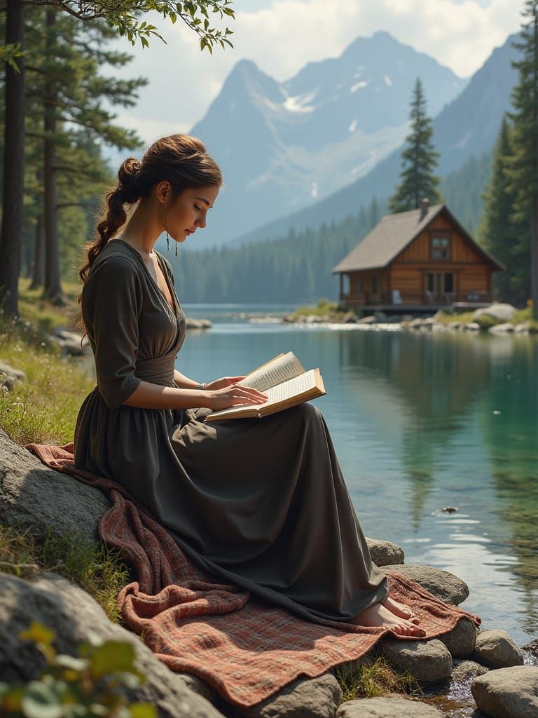 Victorian Woman Reading by Stream Landscape