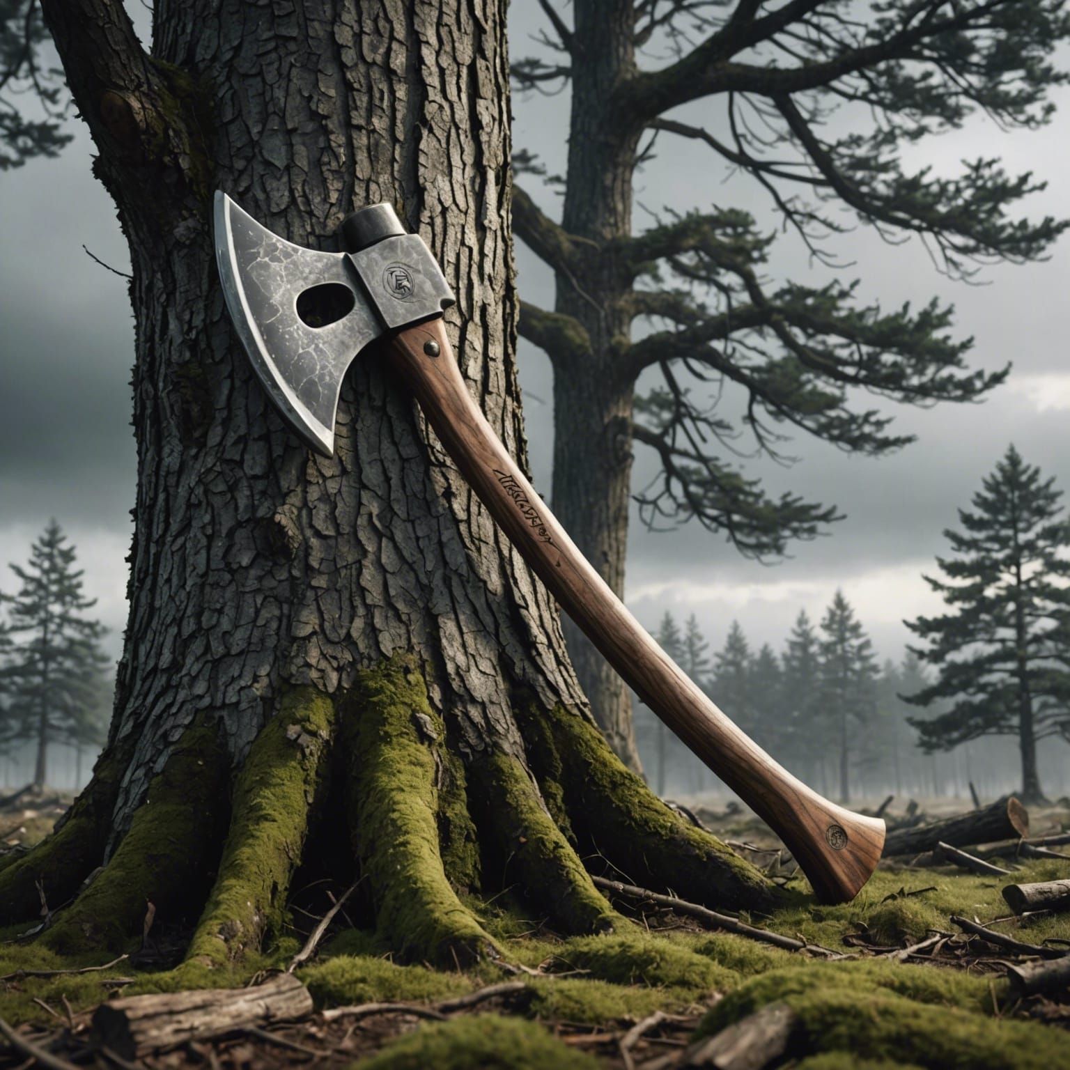 Detailed Felling Axe Leaning Against Gnarled Tree
