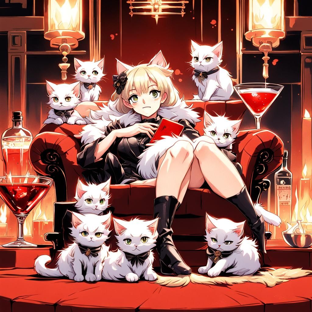 Anime-Style Kittens and Cocktail on Velvet Couch
